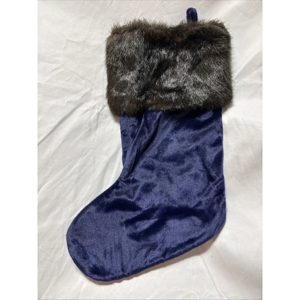 NEW NAVY BLUE‎ CHRISTMAS STOCKING BROWN FAUX FUR CUFF Approx 16